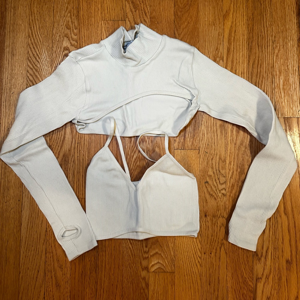 Zara Beige Ribbed Long Sleeve Crop Top Bolero Set